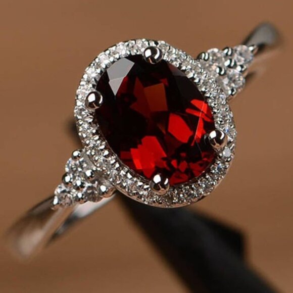 Oval Garnet and Moissanite Halo Ring in Sterling Silver - Picture 1 of 4